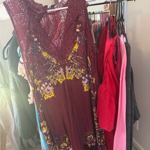 Free People Burgundy and Yellow Lace Dress
